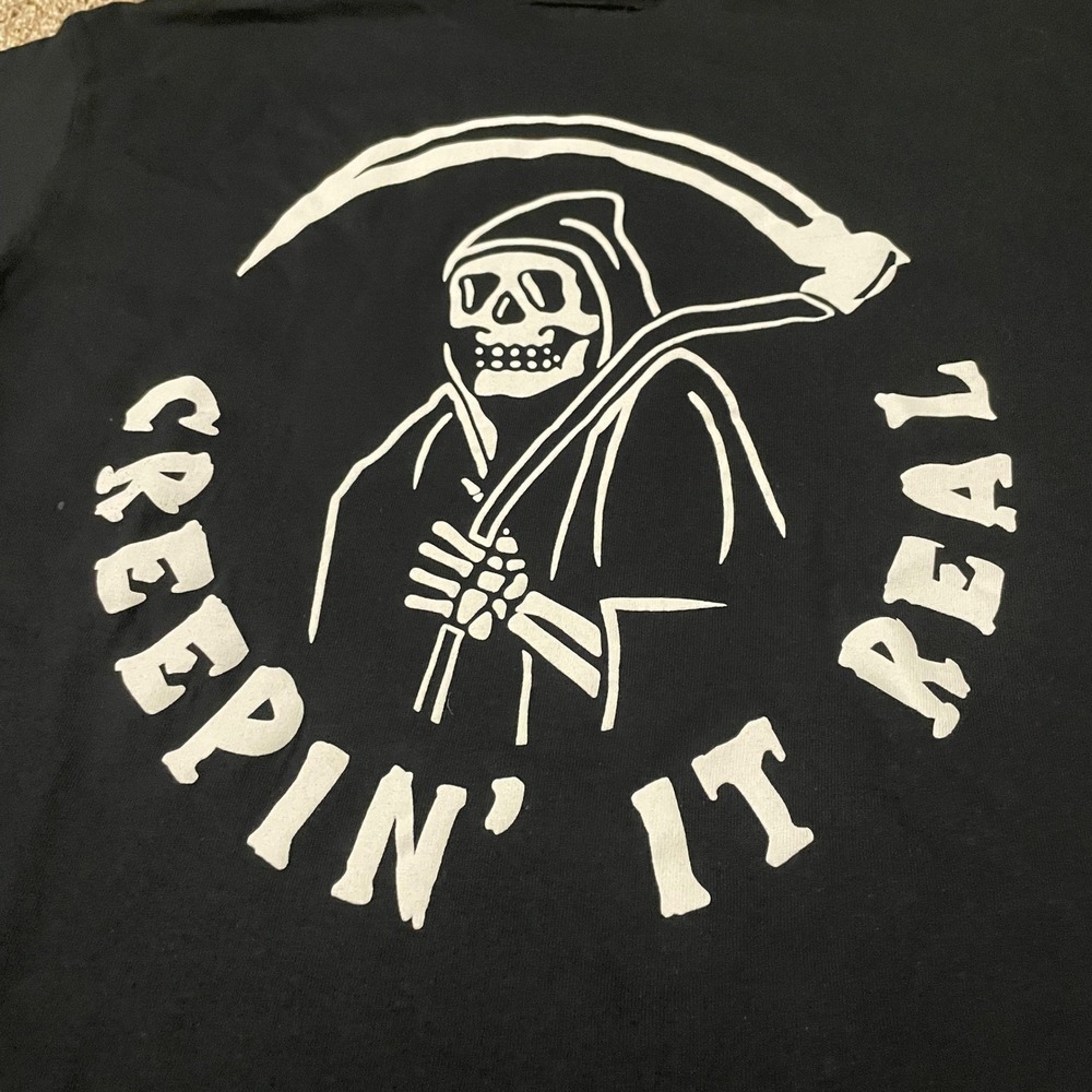 Spirit Halloween Creepin It Real Grim Reaper Graphic T-Shirt Mens Medium Black